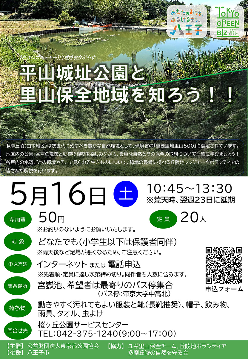 【たまQカルチャー】自然観察会ぷらす　平山城址公園と里山保全地域を知ろう！（5/16開催）